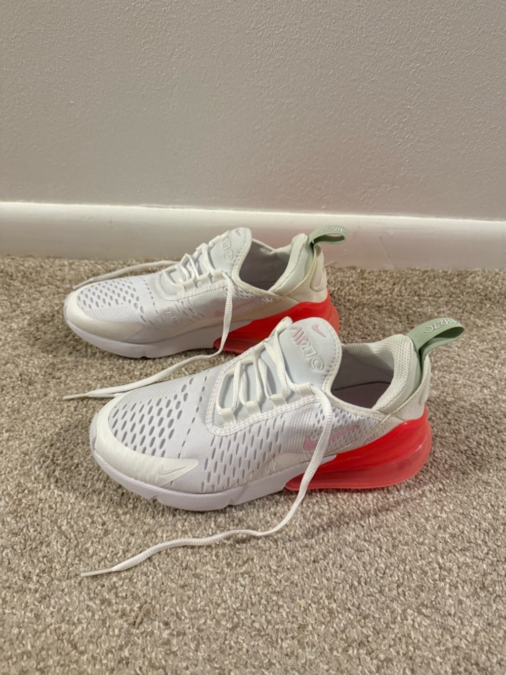 Nike Air Max 270 White and Coral Athletic Sneakers